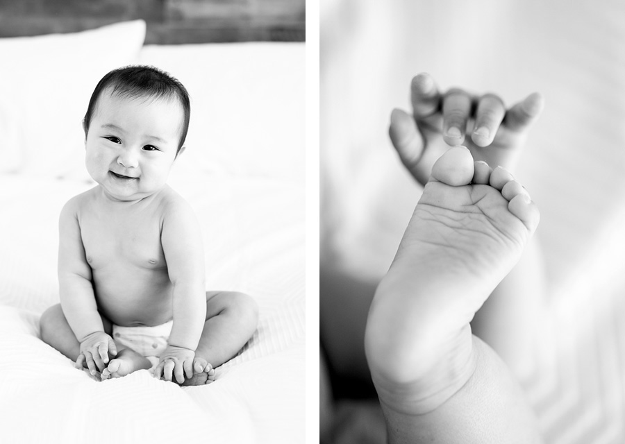 two photographies of baby smiling at the camera and close up of baby feet