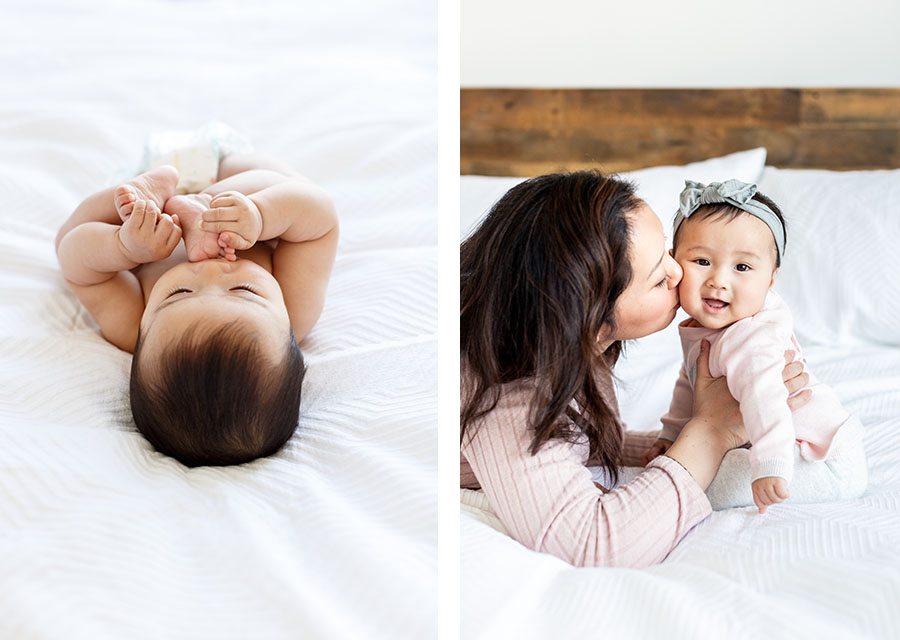 two photographies of newborn and baby and her mom on a bed
