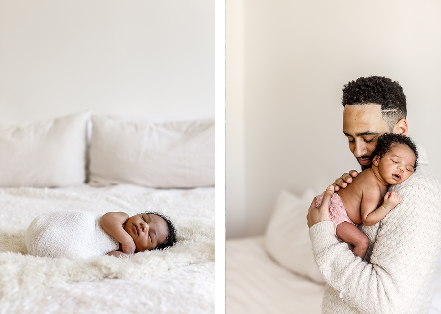 two photographies of newborn baby and dad holding his newborn baby