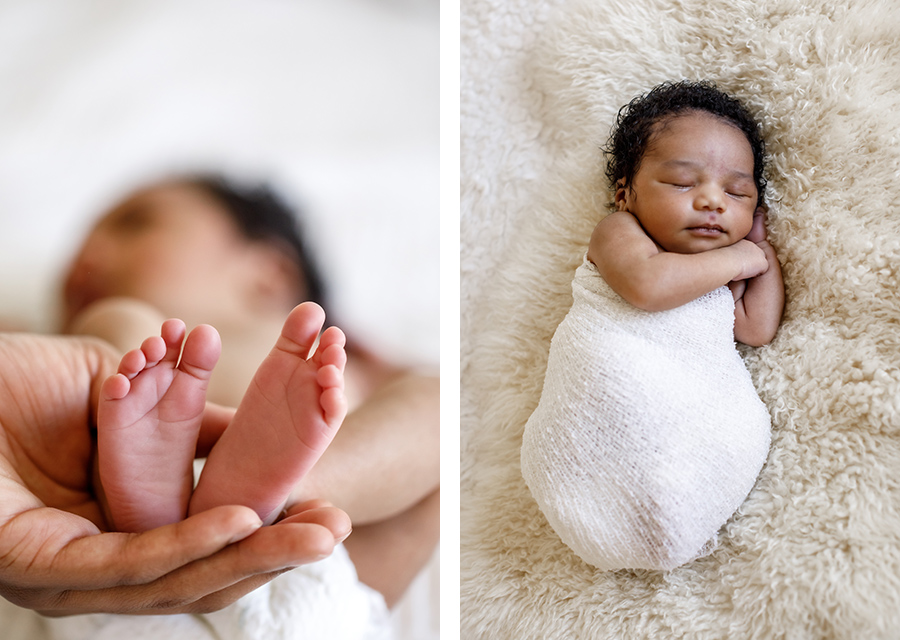 two photographies of baby's feet and sleeping newborn baby