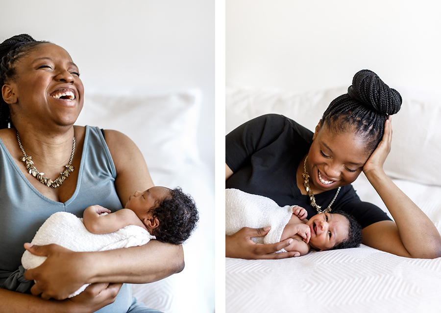 two photographies of mom and her newborn baby