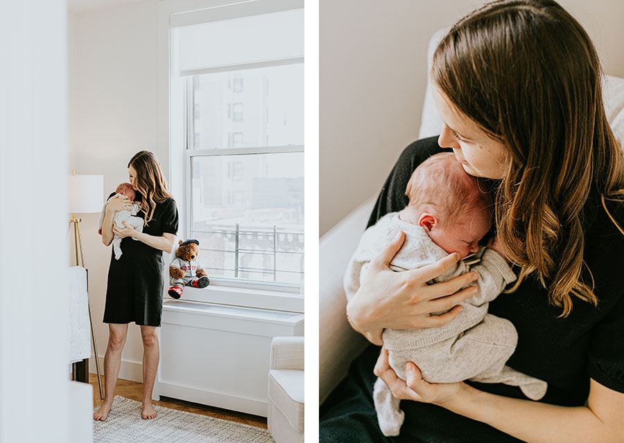 two photographies of mom holding her newborn baby