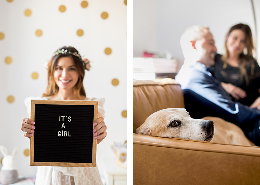 two photographies of mom with baby reveal and parents-to-be and their dog