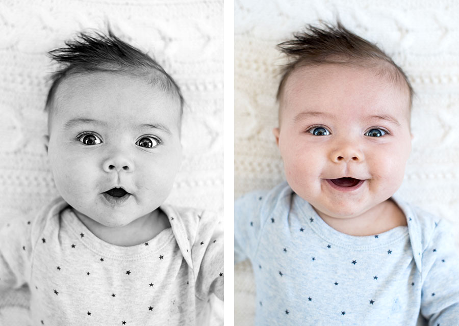 two photographies of baby smiling at the camera first BW second colored