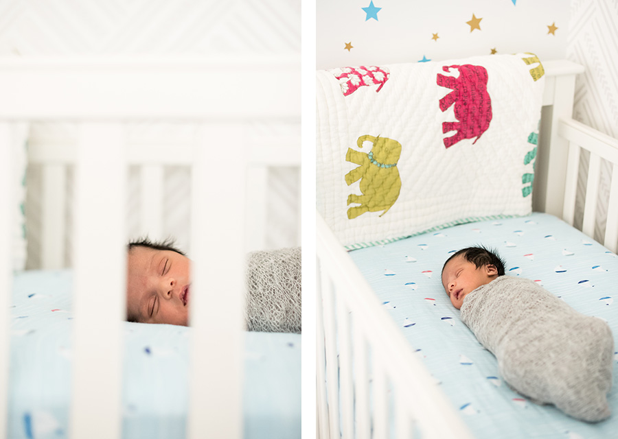two photographies of newborn baby in a crib