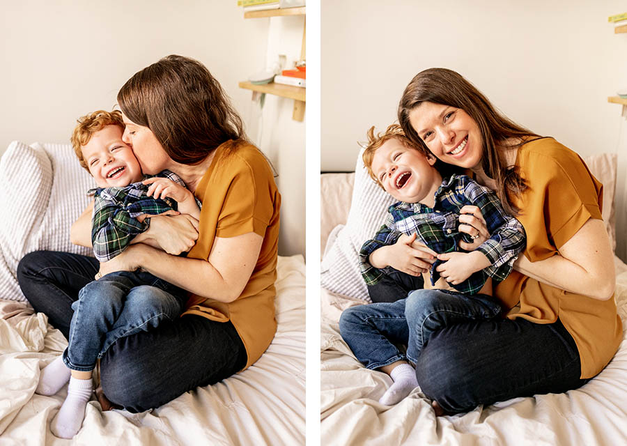two photographies of mom and her son laughing on a bed