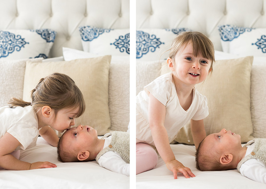 two photographies of big sister with her baby brother