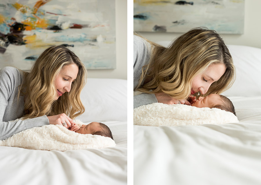 two photographies of mom and her newborn baby on a bed