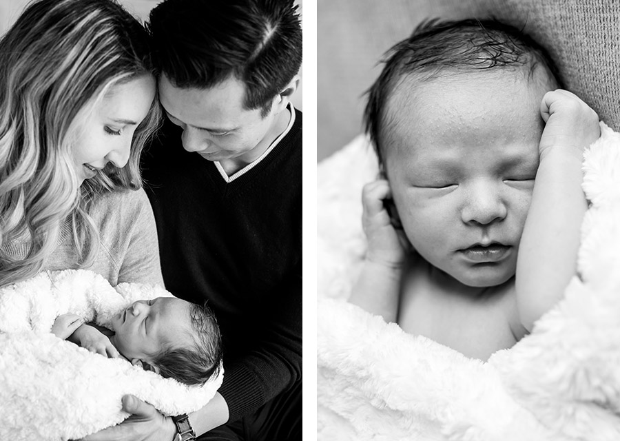 two BW photographies of newborn baby and its parents