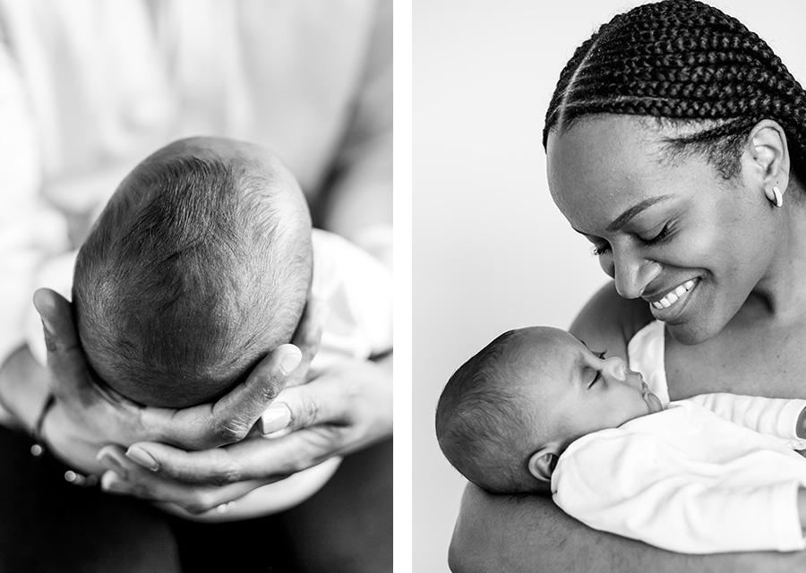 two BW photographies of mom and her newborn baby