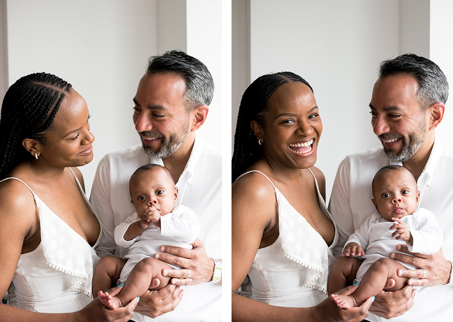 two photographies of parents with their newborn baby laughing at each other