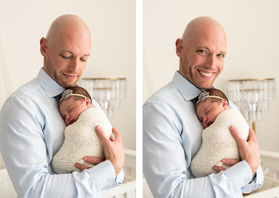 two photographies of dad and his sleeping nebworn baby daughter