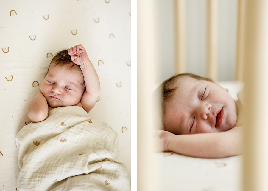 two photographies of newborn baby sleeping in a crib