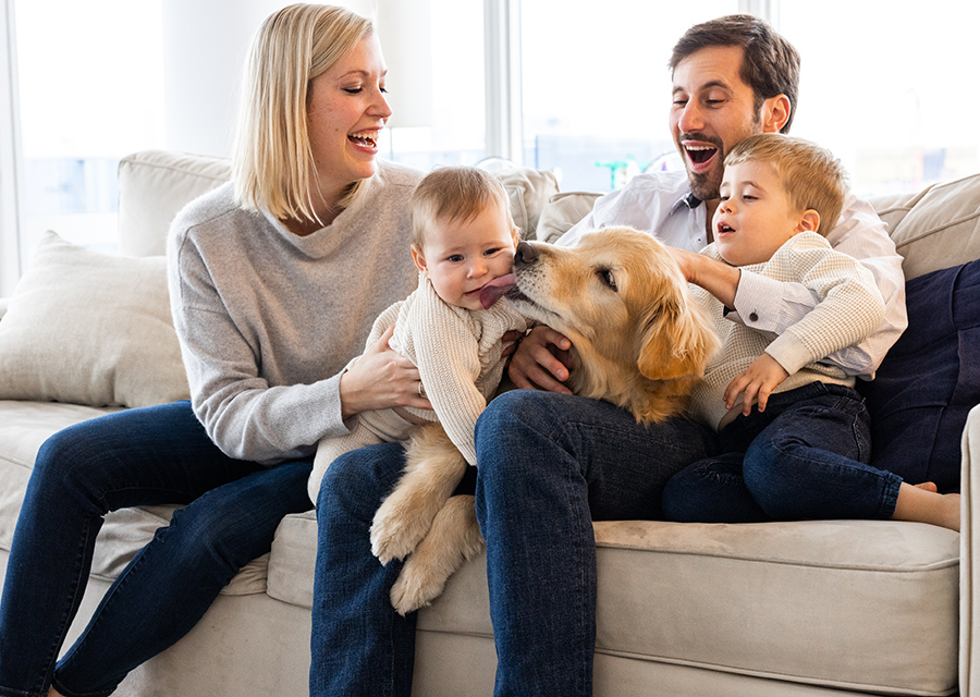 Parents sitting on a couch with their toddler and their baby while the dog is licking the baby's face