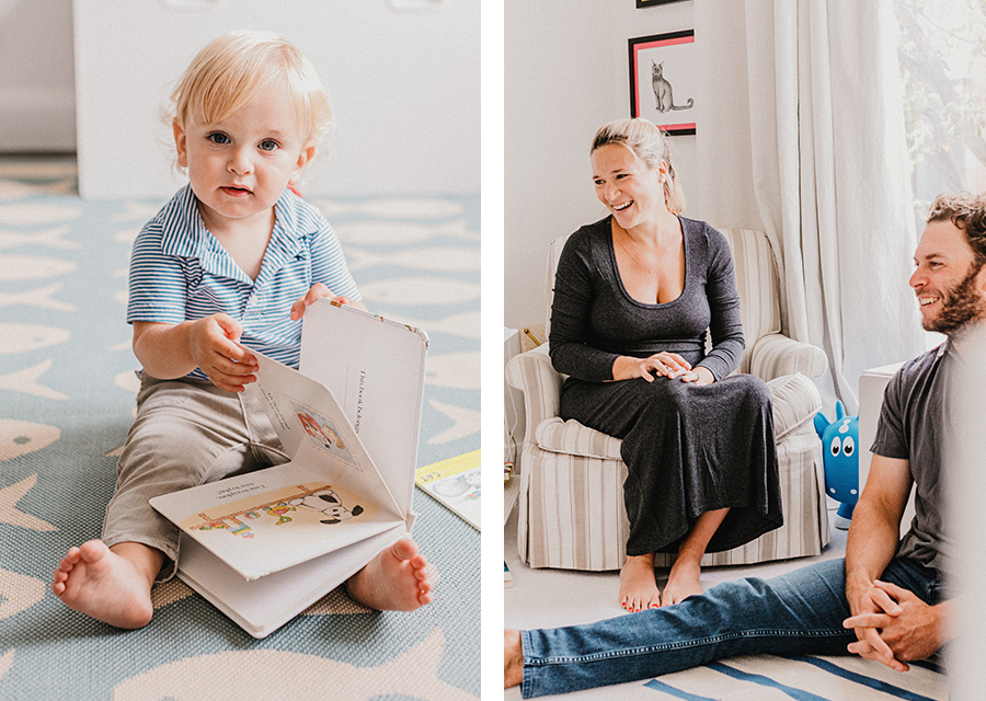 two photographies first of toddler with kids book second of watching and laughingParents