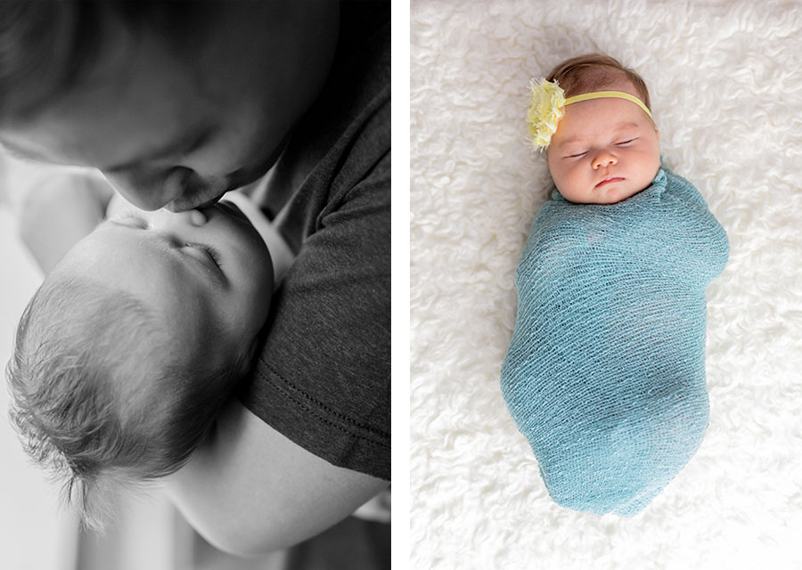 two photographies of newborn baby one black and white with dad kissing his newborn and the other in color sleeping newborn in bed