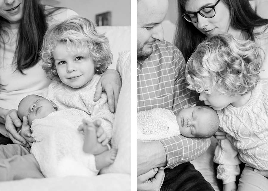 BW two photographies of toddler and newborn baby with their parents