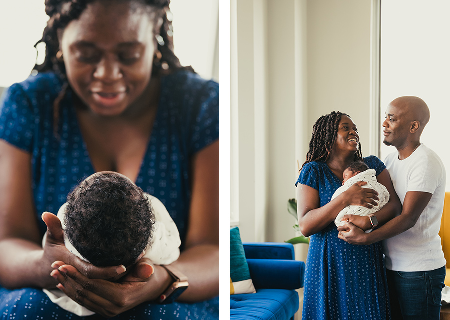 two photographies of mom and her newborn and parents with their newborn baby