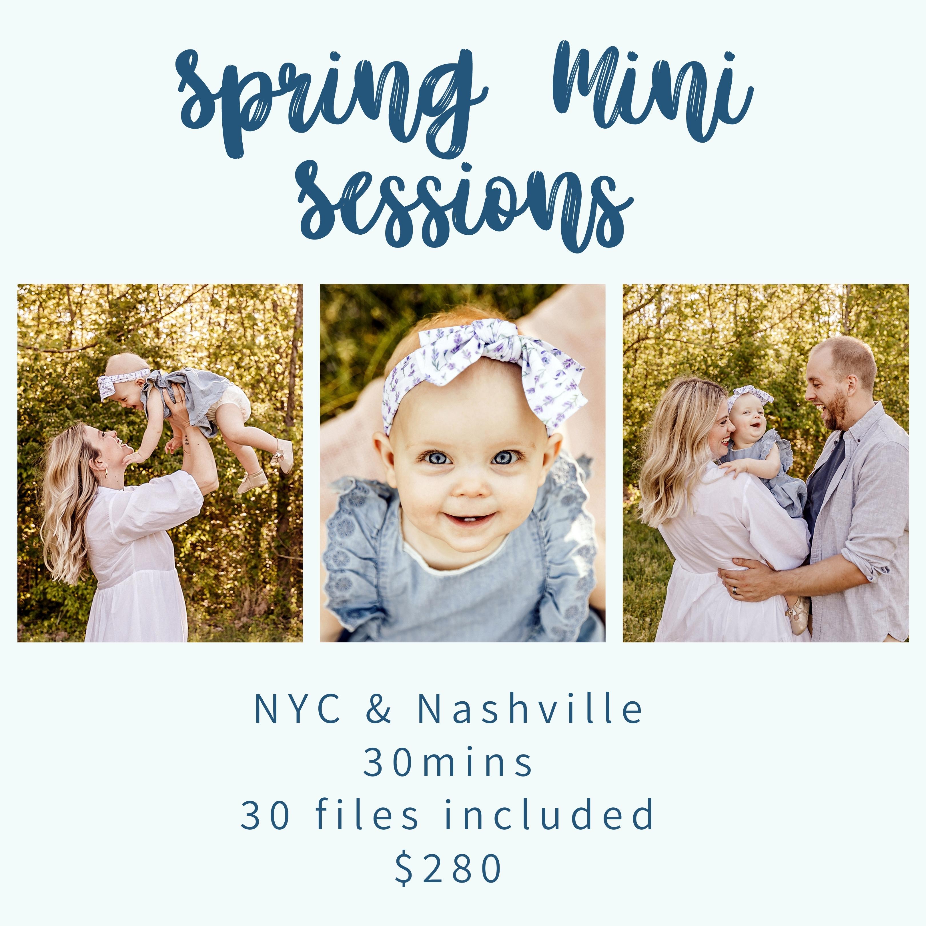 flyer for spring mini sessions with three photographies of family and baby girl