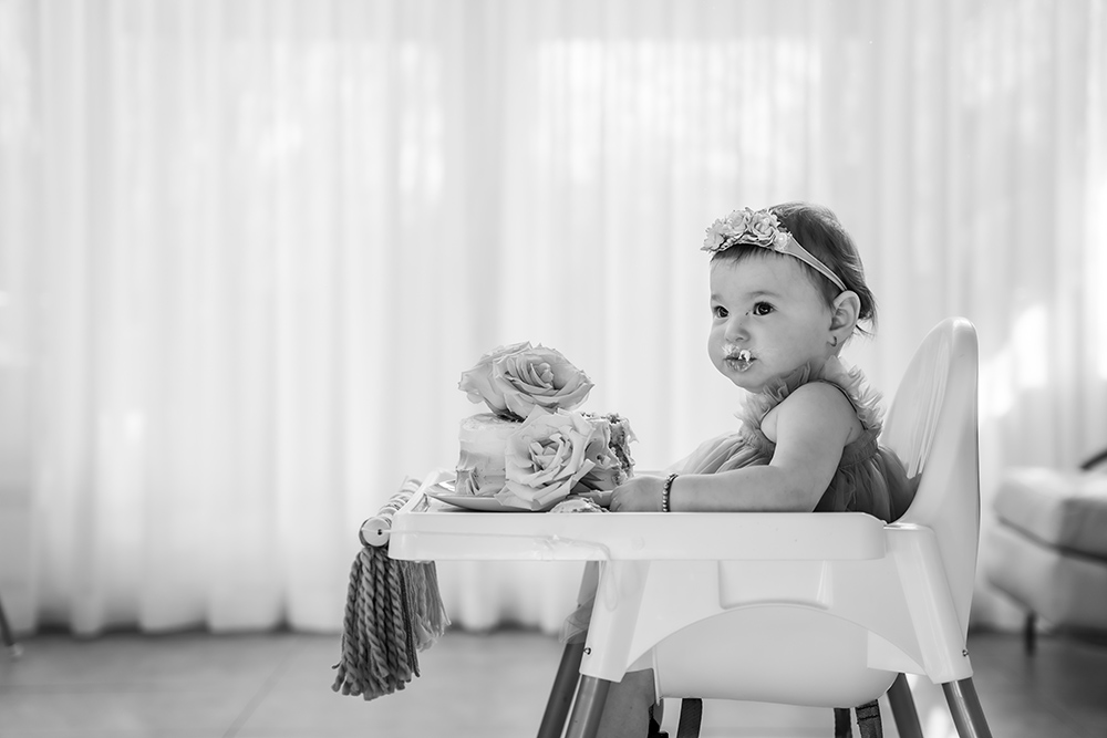 BW Smash the Cake Session with girl in high chair