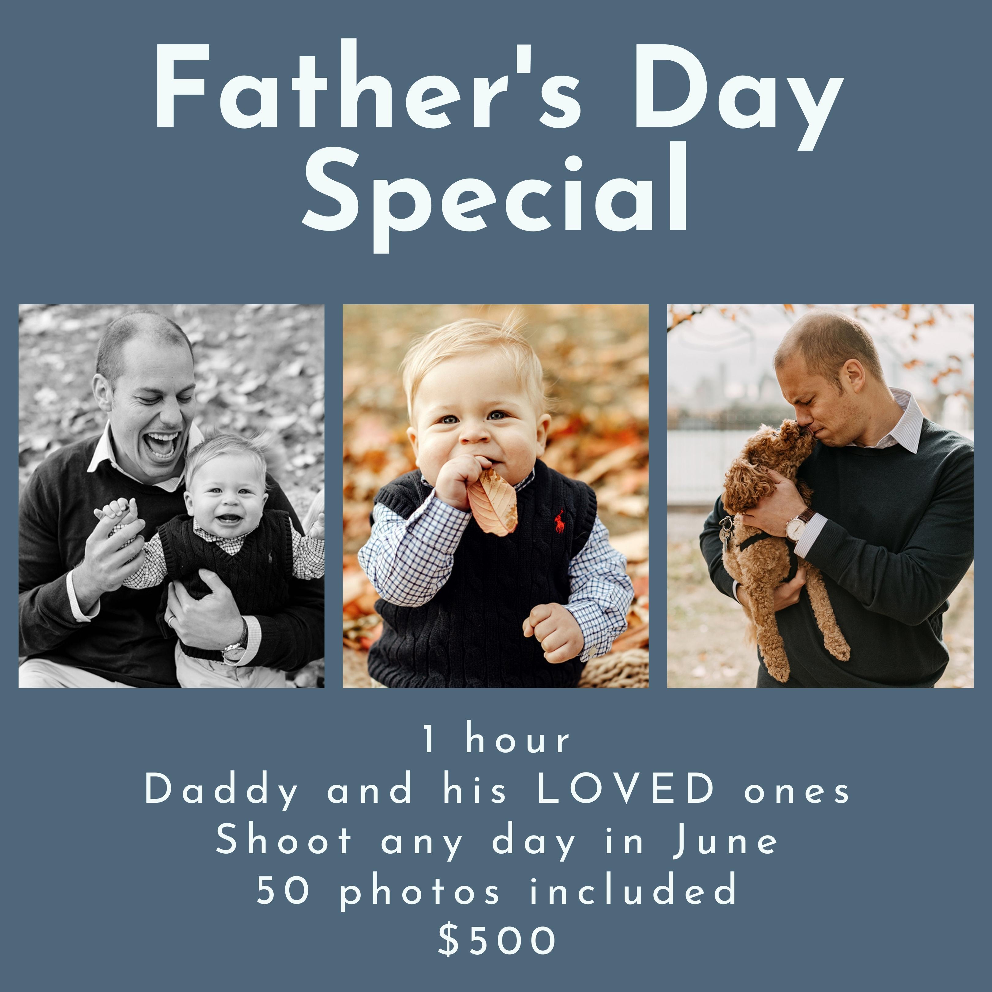 Flyer for Fathers Day Special with three photographies of dad toddler and dog