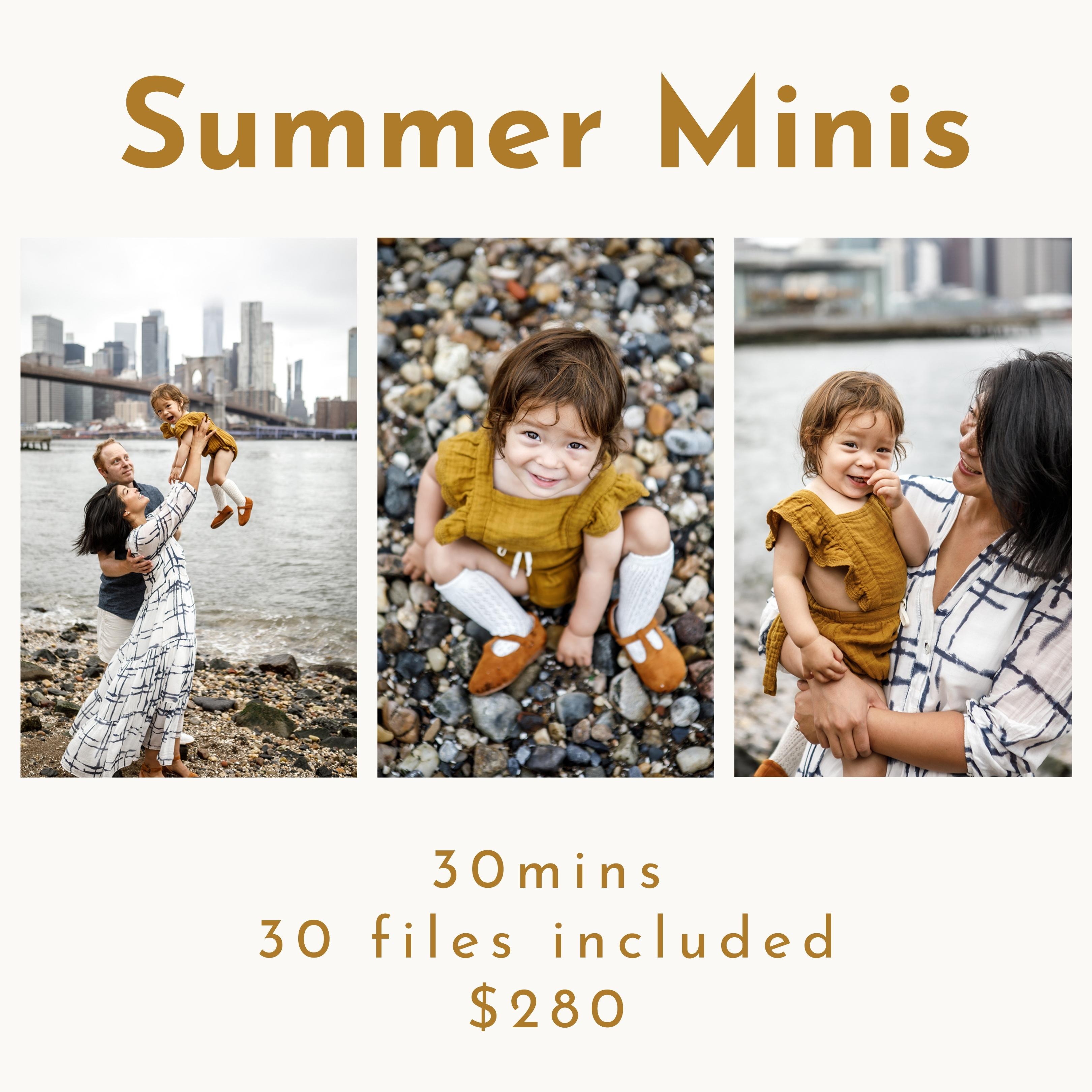 flyer for summer minis with three photographies of family and toddler