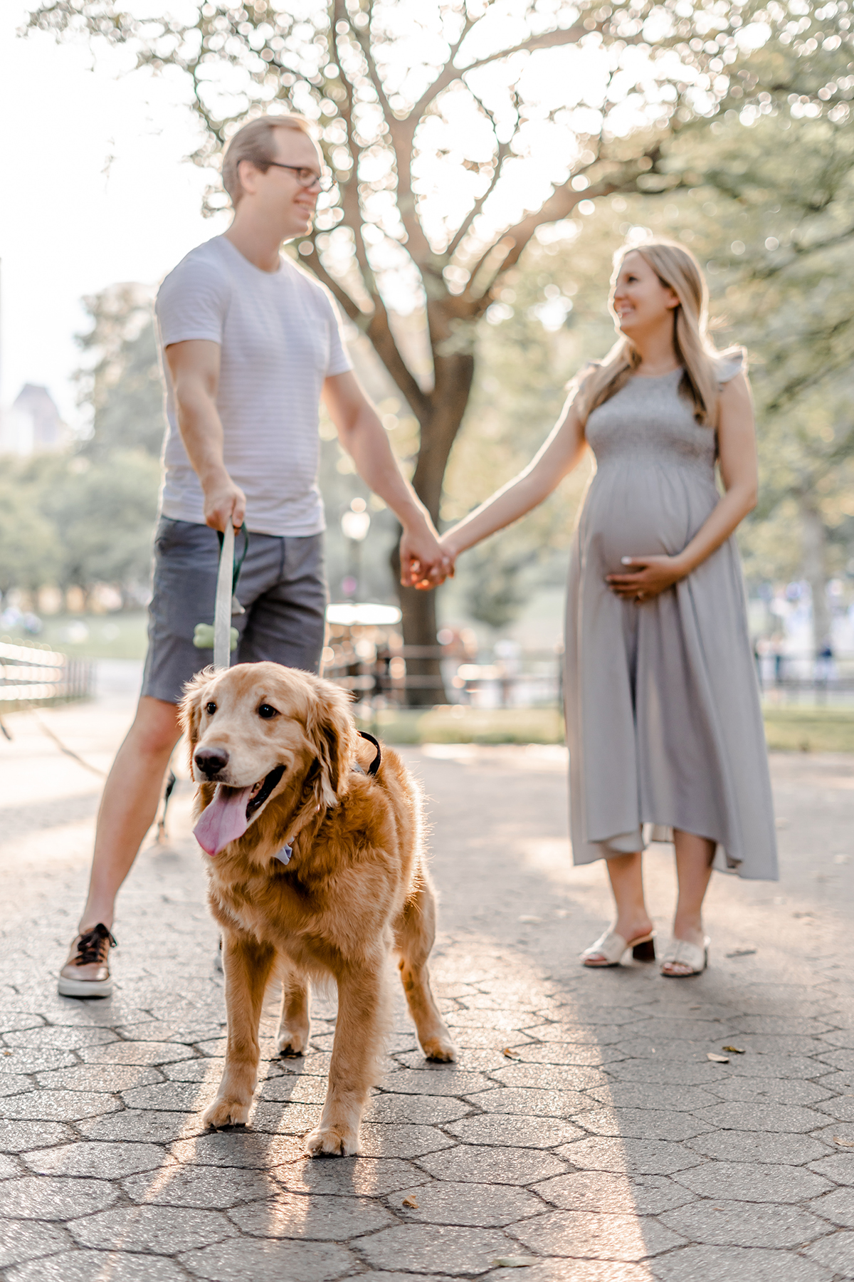 pregnant couple with golden retriever in park