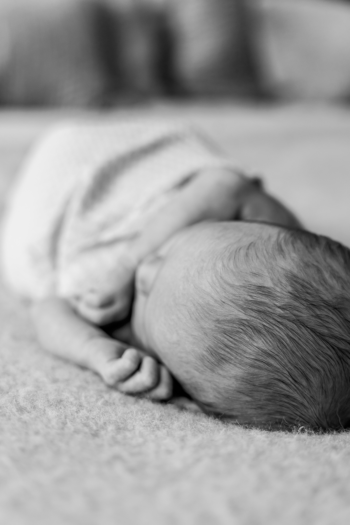 Close up black and white photo of newborn hair