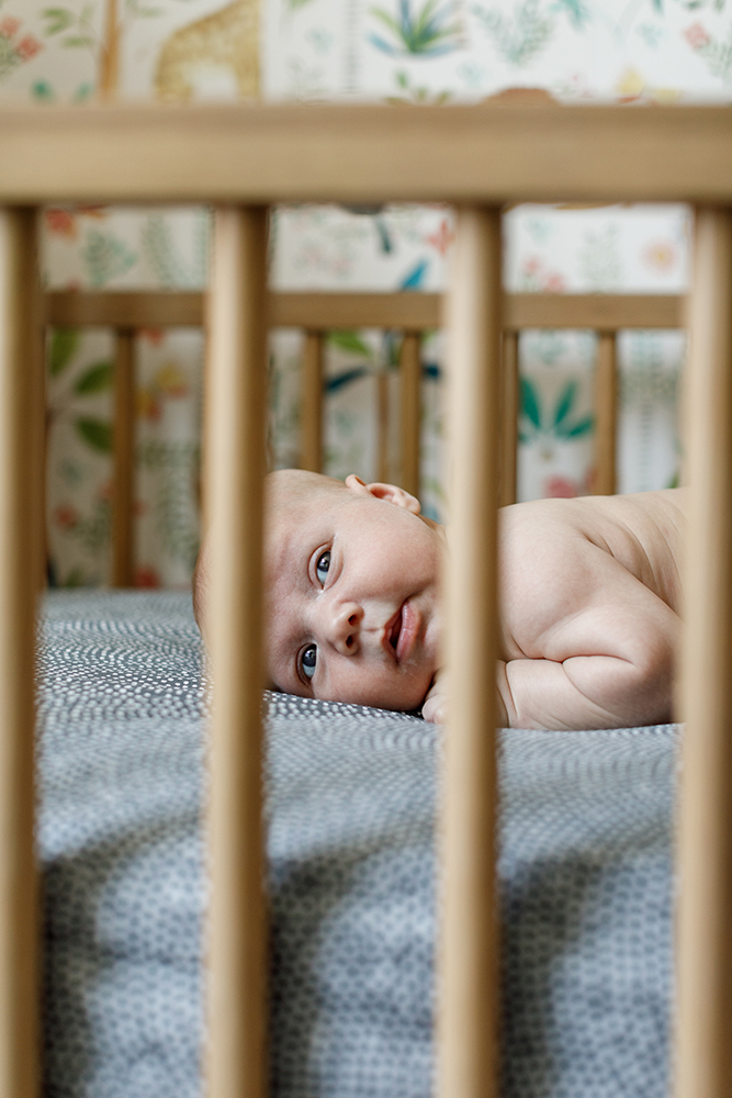 baby lying on its tummy in his crib