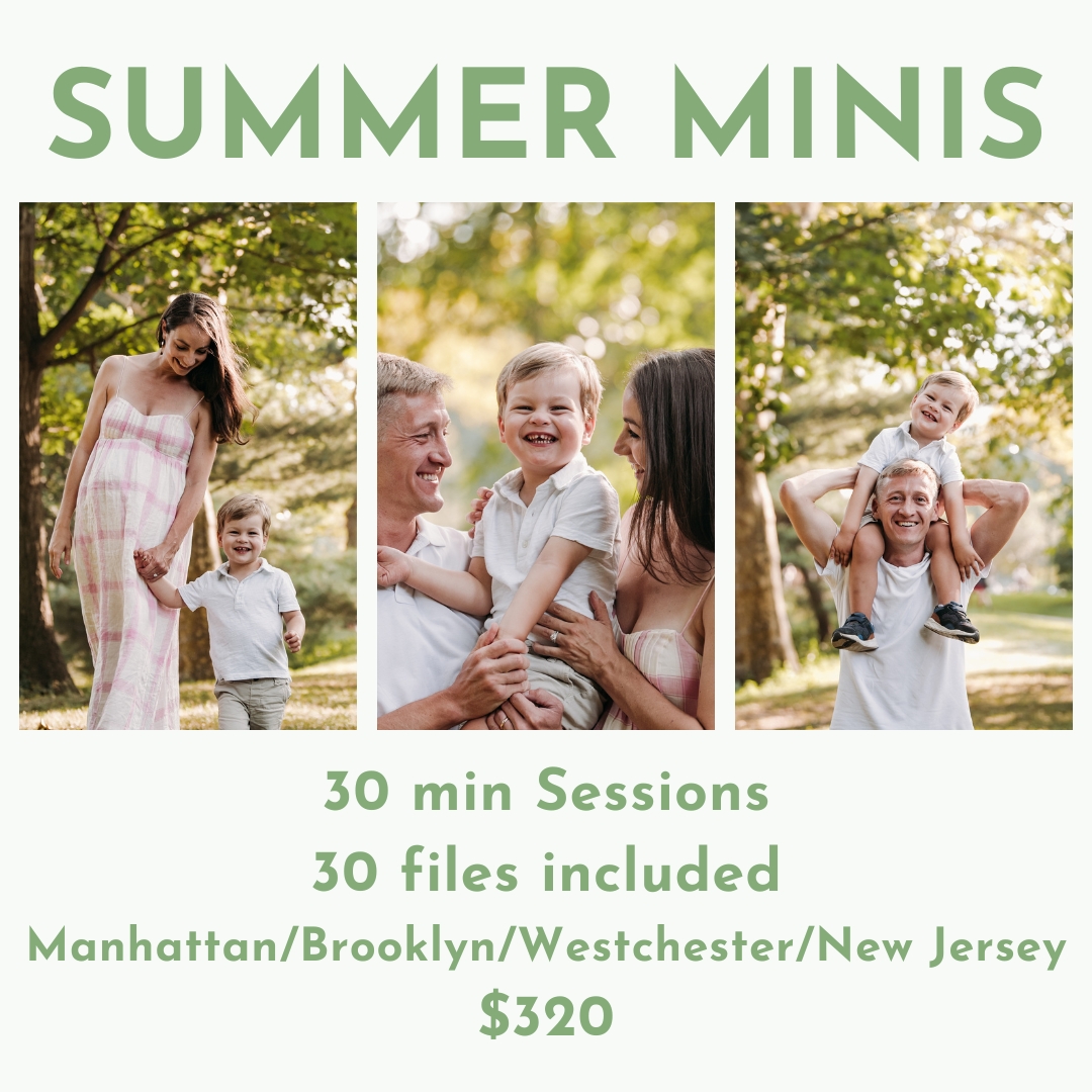 flyer for summer minis with three photos of toddlers and parents text says "30 mins; 30 files included; $320"