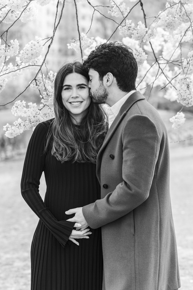 Maternity Session, black and white photo of pregnant woman in a long black dress and her partner standing in front of a cherry blossom tree while he is kissing her on the cheek
