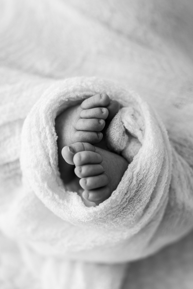 Baby Session, black and white photo, close up of baby feet wrapped up in a blanket